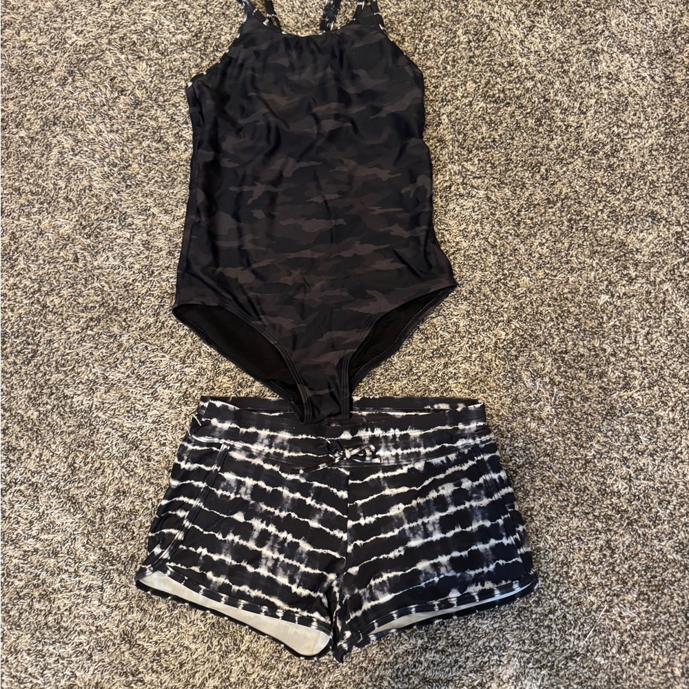 Athleta Girl Black Camouflage Swim & Shorts Set